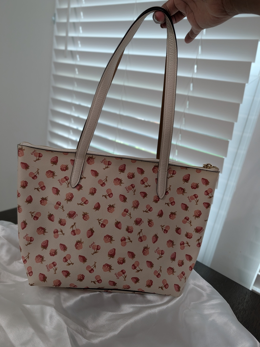 COACH Cream Strawberry Print Tote Bag - Picture 5 of 15